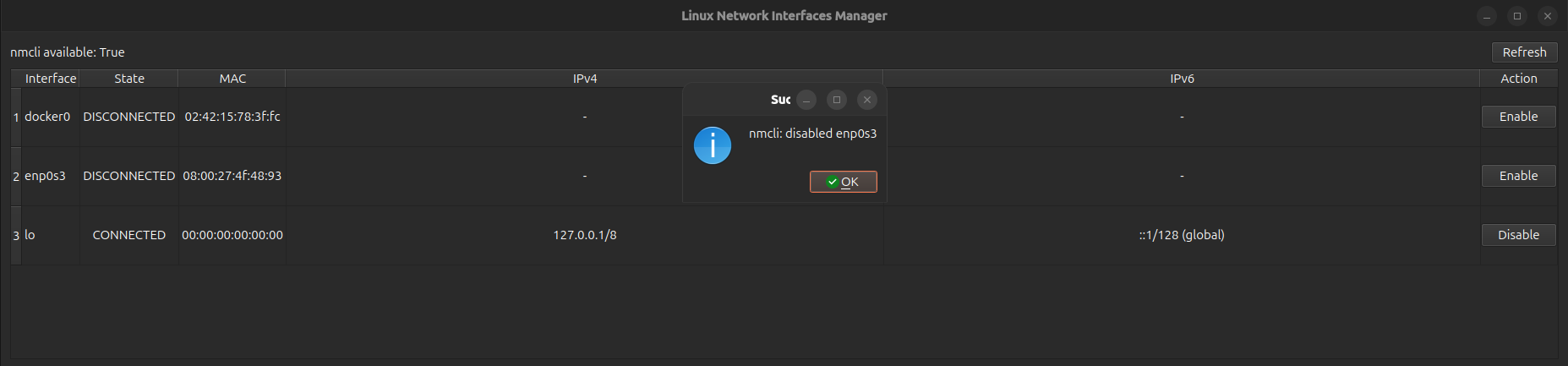 enp0s3 disabled interface screenshot