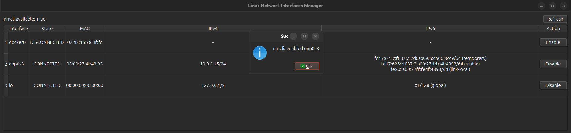 enp0s3 enabled interface screenshot