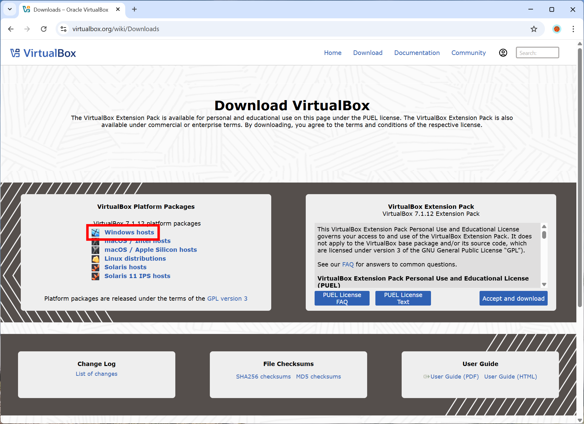 Screenshot of VirtualBox download page