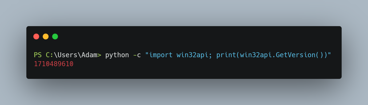 Screenshot of verifying pywin32 installation