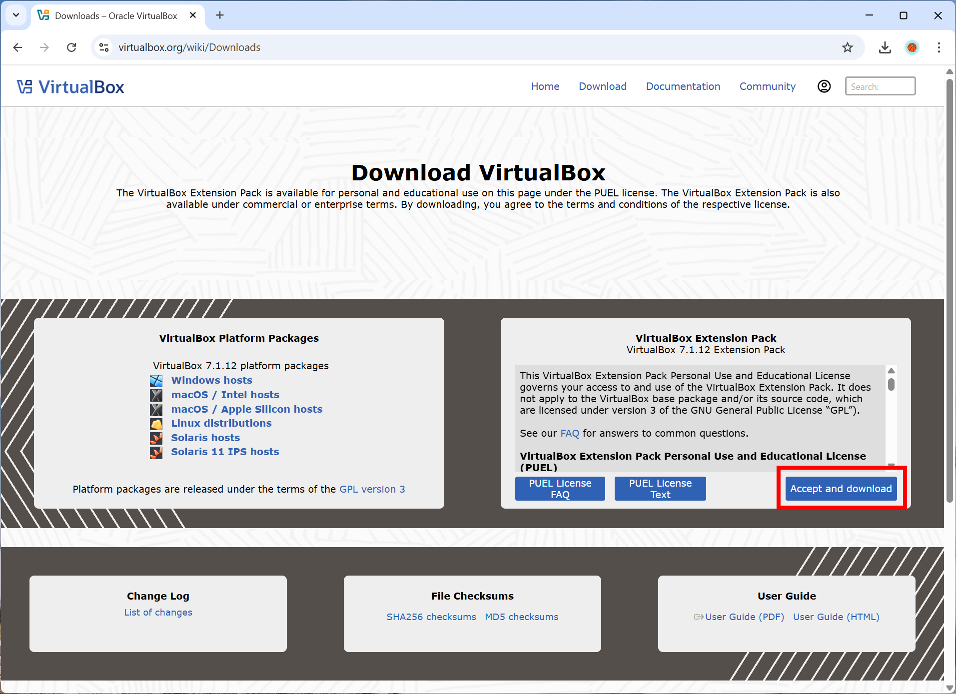 Screenshot of downloading VirtualBox Extension Pack