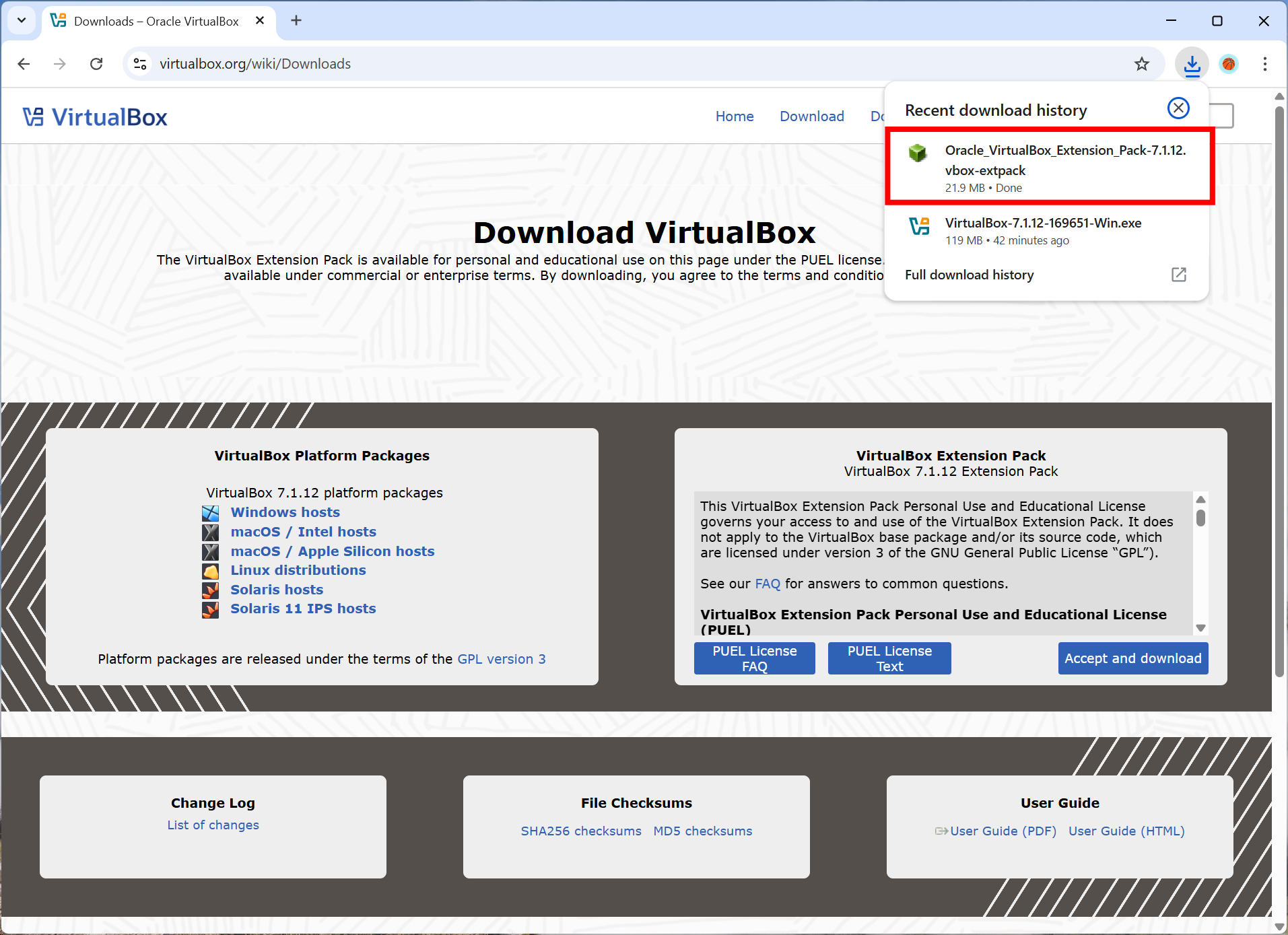 Screenshot of running the Extension Pack installer