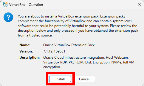 Screenshot of running the Extension Pack installer