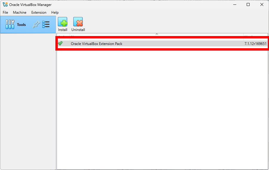 Screenshot of verifying Extension Pack installation